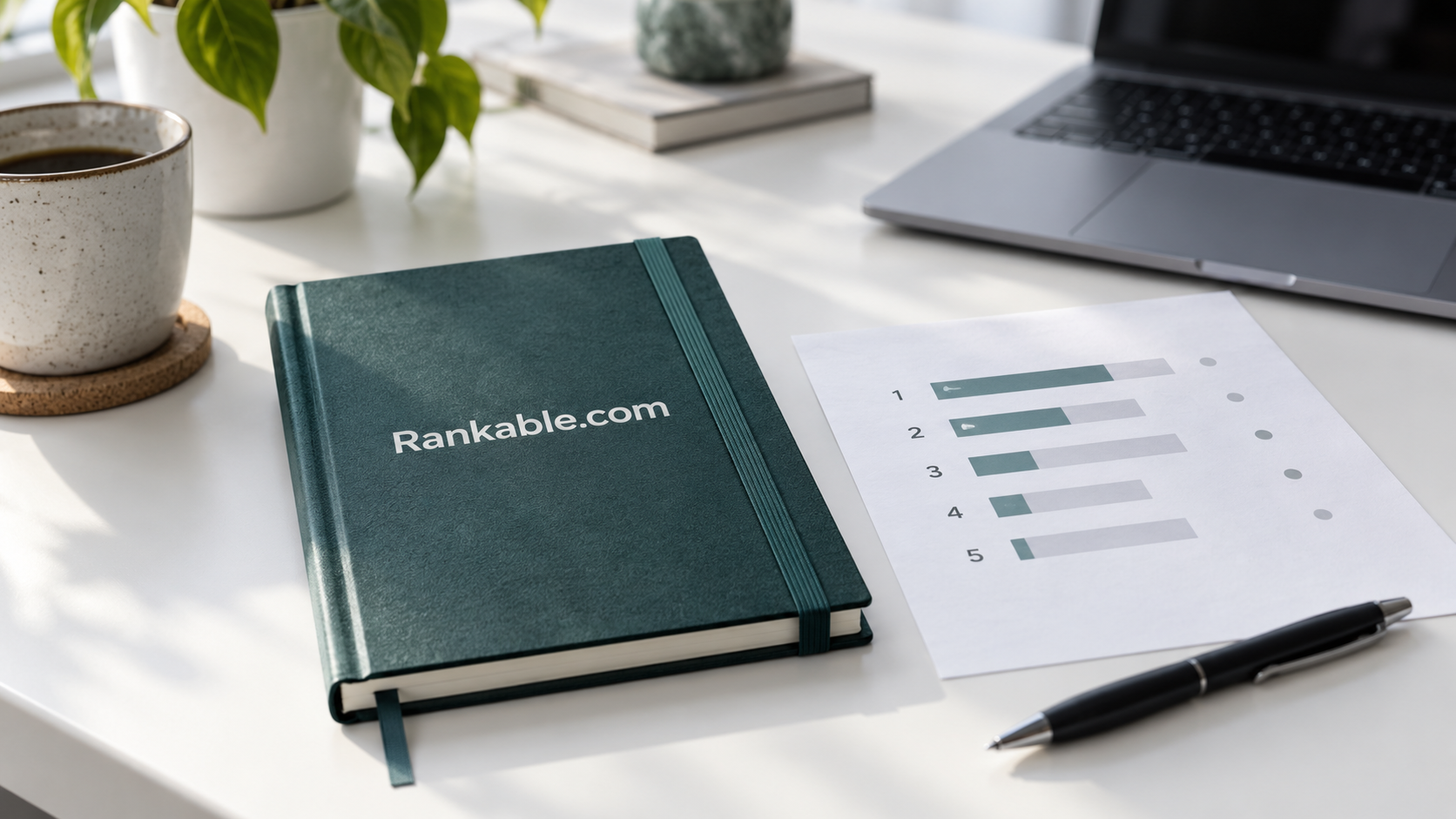 Rankable.com notebook beside a printed ranking chart on a sunlit desk